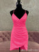 Sparkle Hot Pink Spaghetti Straps V-Neck Mermaid Graduation Party Short Homecoming Dresses With Pleats , HD421