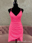 Sparkle Hot Pink Spaghetti Straps V-Neck Mermaid Graduation Party Short Homecoming Dresses With Pleats , HD421