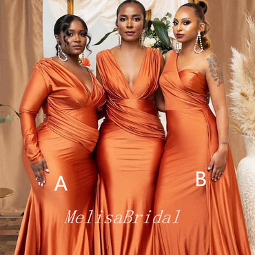 Mismatched Orange V Neck Pleats Tulle Long Sleeve Appliquese A-Line Cheap Bridesmaid Dresses,BD44