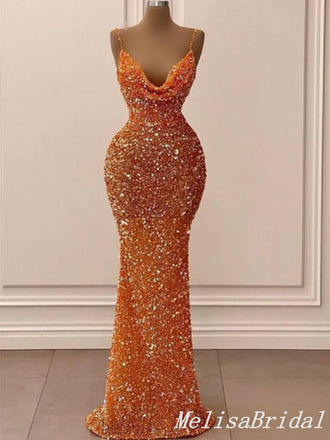 Shiny Orange Spaghetti Straops Mermaid Long Prom Dresses to Impress ,MB912