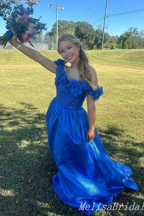 Gorgeous Blue Off Shoulder Ruffles A-line Long Party Dress Prom Dresses,MB1040