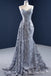 Sexy Grey Lace Appliques V Neck Mermaid Lace up Back Party Dress Long Prom Dresses to Impress ,MB974