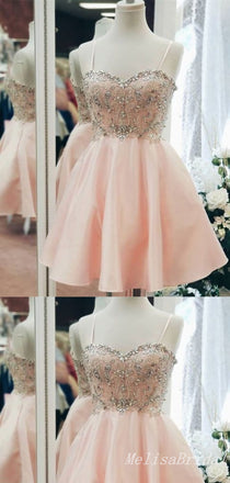 Light Pink Sweetheart Beaded A-Line Spaghetti Straps Graduation Party Short Homecoming Dresses, HD422