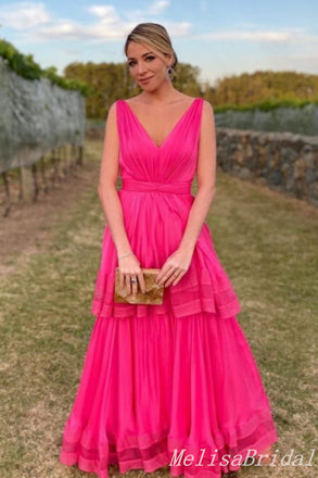 Hot Pink Plunging Evening Gown Maxi Long Evening Party Prom Dresses ,MB758