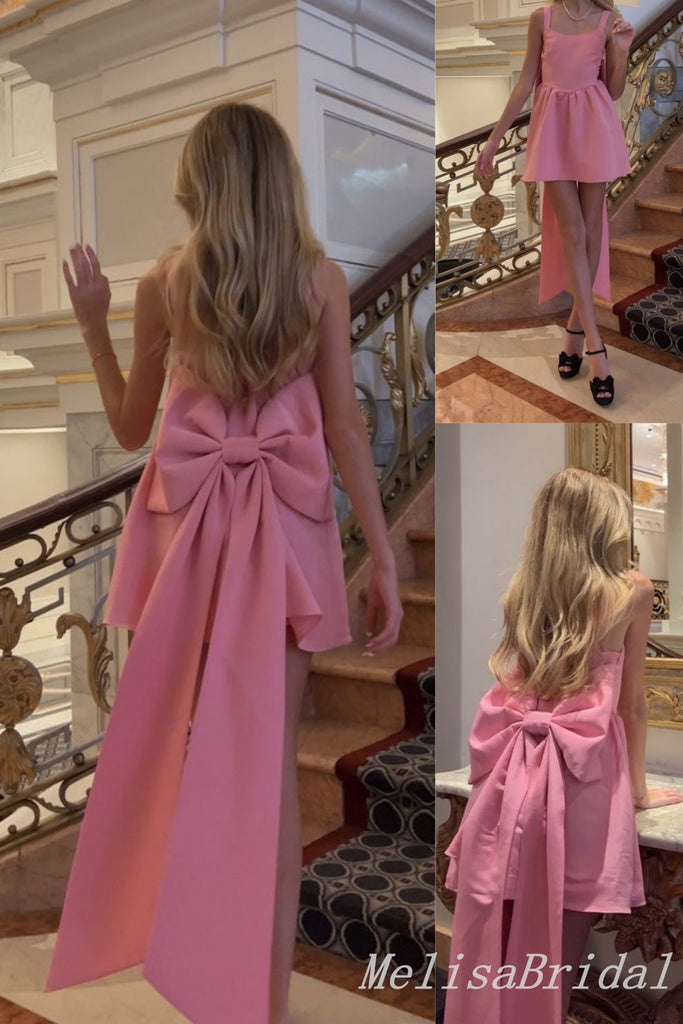 Stylish Pink Bow Knot A-line Graduation Party Short Homecoming Dresses , HD470