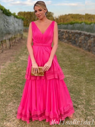 Hot Pink Plunging Evening Gown Maxi Long Evening Party Prom Dresses ,MB758