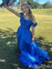 Gorgeous Blue Off Shoulder Ruffles A-line Long Party Dress Prom Dresses,MB1040