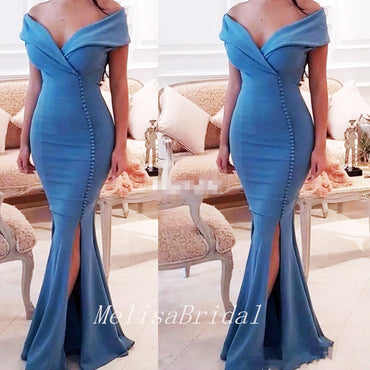 Elegant Blue V Neck Off Shoulder Side Slit Mermaid Cheap Bridesmaid Dresses,BD45