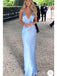 Elegant Sky Blue Spaghetti Strap V Neck Pleats Backless Mermaid Long Evening Prom Dresses,MB45