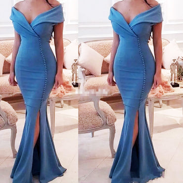 Elegant Blue V Neck Off Shoulder Side Slit Mermaid Cheap Bridesmaid Dresses,BD45