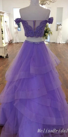 Purple Lace Appliques Off Shoulder Two Pieces A-Line Layer Fluffy Evening Gown Maxi Long Evening Party Prom Dresses,MB661