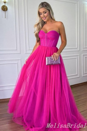 Strapless Hot Pink Sheer Corset Bodice A-line Evening Gown Maxi Long Evening Party Prom Dresses ,MB759
