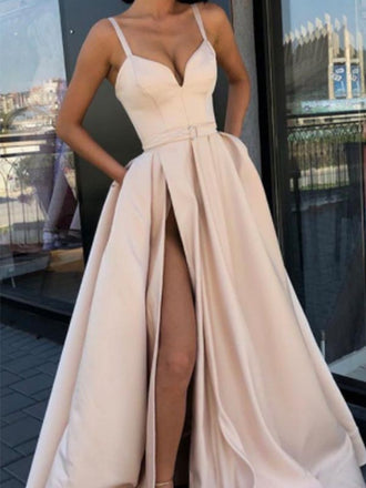 Elegant Sexy Spaghetti Straps Sleeveless Unique Side Slit V-neck Maxi Long Evening Gown Prom Dresses,MB175