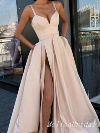 Elegant Sexy Spaghetti Straps Sleeveless Unique Side Slit V-neck Maxi Long Evening Gown Prom Dresses,MB175