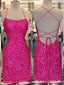 Hot Pink Straight Neck Lace Up Back Mermaid Spaghetti Straps Graduation Party Short Homecoming Dresses , HD423