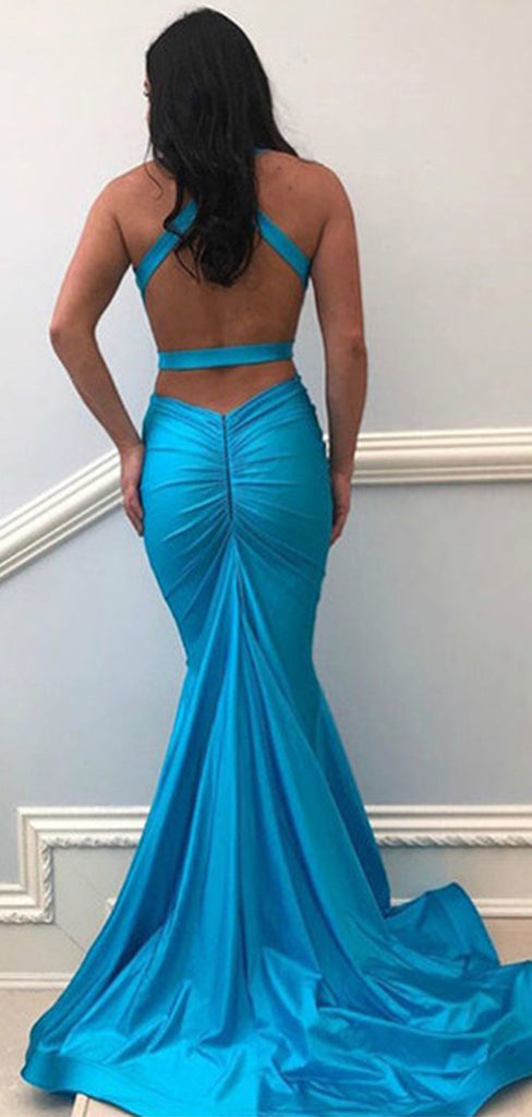 Elegant Blue V Neck Pleats Criss-Cross Back Mermaid Evening Long Prom Dresses,MB46