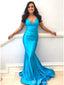 Elegant Blue V Neck Pleats Criss-Cross Back Mermaid Evening Long Prom Dresses,MB46