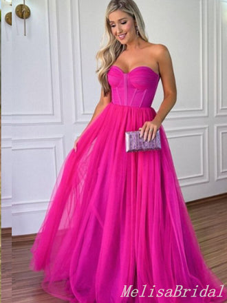 Strapless Hot Pink Sheer Corset Bodice A-line Evening Gown Maxi Long Evening Party Prom Dresses ,MB759