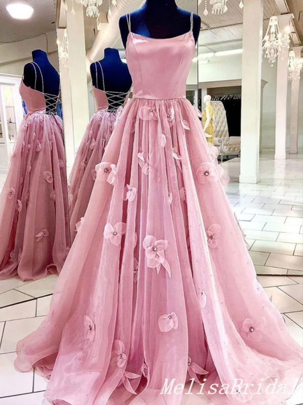 3D Flower A-line Spaghetti Straps Lace up Back Straight Neck  Long Prom Dresses to Impress,MB914