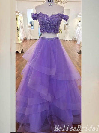 Purple Lace Appliques Off Shoulder Two Pieces A-Line Layer Fluffy Evening Gown Maxi Long Evening Party Prom Dresses,MB661