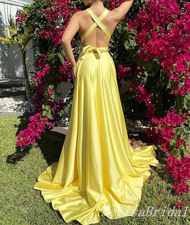 Light Yellow Plunging Criss Cross A-line Evening Gown Long Evening Party Prom Dresses with Slit ,MB841