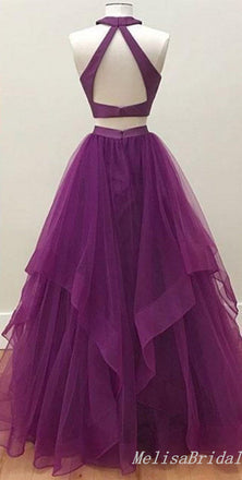 Grape Halter Two Pieces A-Line Layer Fluffy Evening Gown Maxi Long Evening Party Prom Dresses,MB662