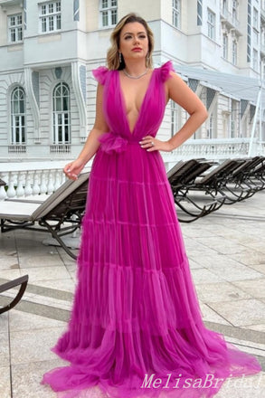 Hot Pink Plunging A-line Evening Gown Maxi Long Evening Party Prom Dresses ,MB760