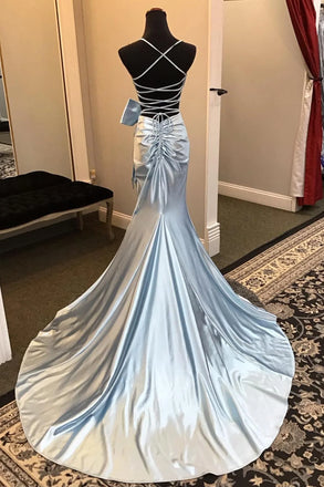 Elegant Blue Spaghetti Strap V-neck Mermdaid Long Prom Gown  ,MB10997
