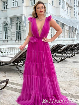 Hot Pink Plunging A-line Evening Gown Maxi Long Evening Party Prom Dresses ,MB760