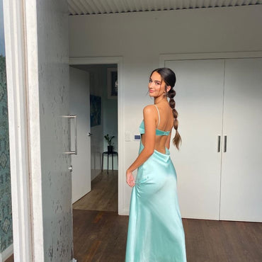 Elegant Unique Blue Spaghetti Strap Button Back Mermaid Evening Long Prom Dresses,MB47