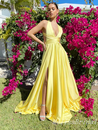 Light Yellow Plunging Criss Cross A-line Evening Gown Long Evening Party Prom Dresses with Slit ,MB841