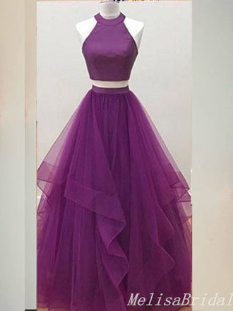 Grape Halter Two Pieces A-Line Layer Fluffy Evening Gown Maxi Long Evening Party Prom Dresses,MB662
