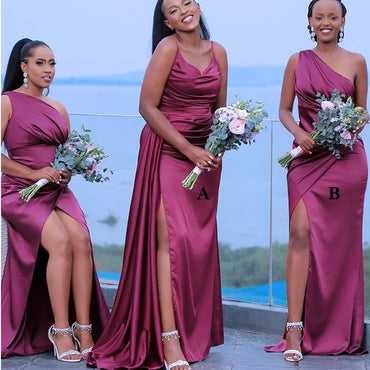 Mismatched Sexy Pink Side Slit Pleats Floor Length Cheap Bridesmaid Dresses,BD47