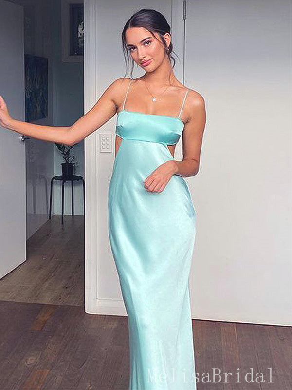 Elegant Unique Blue Spaghetti Strap Button Back Mermaid Evening Long Prom Dresses,MB47