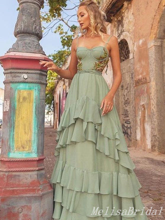 Elegant Spaghetti Straps Appliques Tiered Evening Gown Long Prom Dresses with Ruffles,MB256