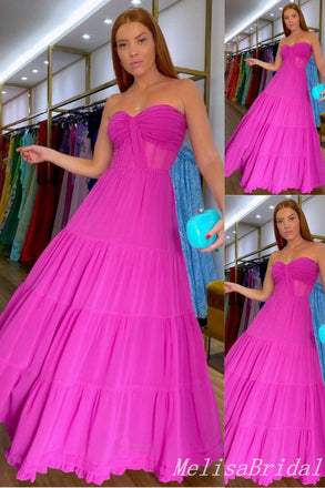 Hot Pink Strapless Sweetheart A-line Fluffy Evening Gown Maxi Long Evening Party Prom Dresses ,MB761