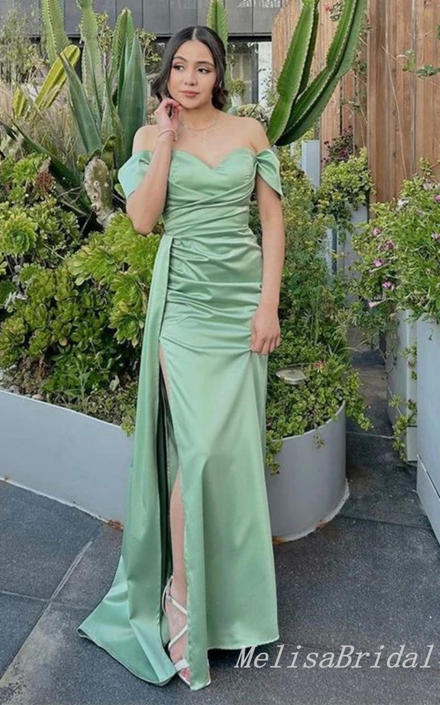 Off Shoulder Green Mermaid Sweetheart Evening Gown Long Evening Party Prom Dresses with Slit ,MB842