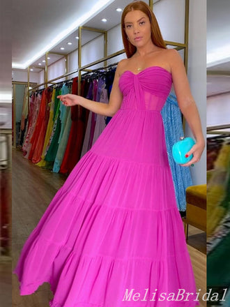 Hot Pink Strapless Sweetheart A-line Fluffy Evening Gown Maxi Long Evening Party Prom Dresses ,MB761