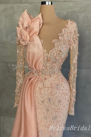 Blush Lace Appliques Plunging Beaded Long Sleeves Evening Gown Long Evening Party Prom Dresses ,MB843