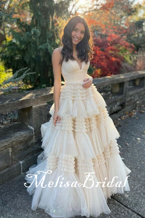 Ivory A-Line Plunging Layer Evening Ball Gown Maxi Long Evening Party Prom Dresses,MB664