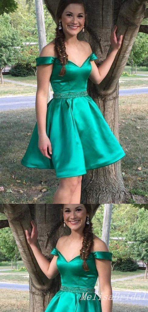 Green Off-The-Shoulder Beaded A-Line V-Neck Graduation Party Short Homecoming Dresses, HD426