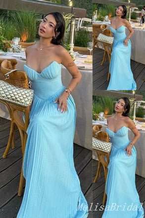 Blue Strapless V Neck A-line Evening Gown Maxi Long Evening Party Prom Dresses,MB730