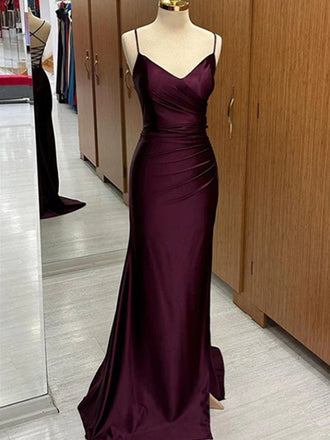 Purple V Neck Spaghetti Straps Lace up Back Mermaid Long Prom Dresses to Impress ,MB916