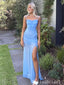 Elegant Blue Illusion Spaghetti Strap Side Slit Pleats Mermaid Long Prom Dresses,MB49