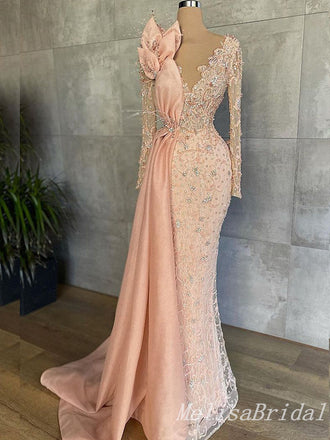 Blush Lace Appliques Plunging Beaded Long Sleeves Evening Gown Long Evening Party Prom Dresses ,MB843