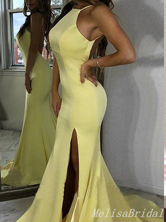 Sexy Yellow Side Slit Open Back Yellow Evening Gown Long Prom Dresses ,MB258
