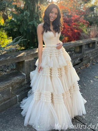 Ivory A-Line Plunging Layer Evening Ball Gown Maxi Long Evening Party Prom Dresses,MB664