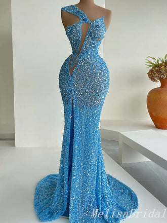 Sexy Blue One Shoulder Sparkle High Slit Mermaid Evening Gown Long Formal Dresses Prom Dresses,MB367