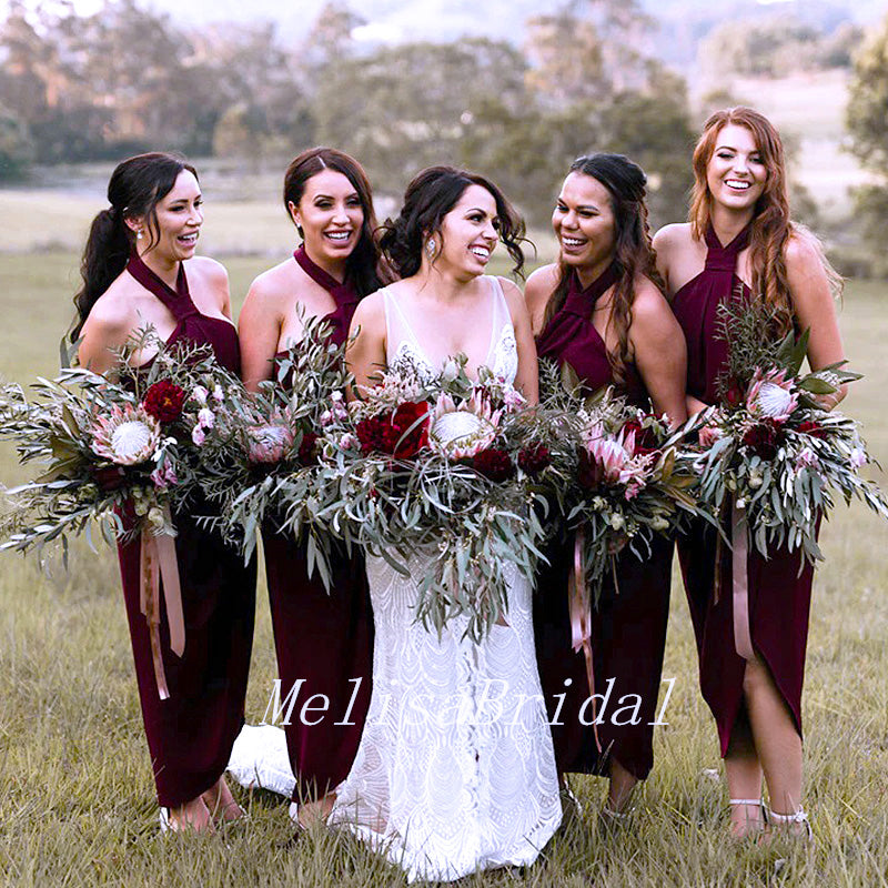 Sexy Halter Dark Red Side Slit Long Cheap Bridesmaid Dresses,BD25