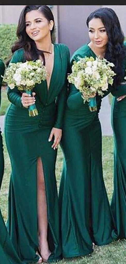 Elegant Green V Neck Long Sleeves Pleats Simple Cheap Mermaid Long Bridesmaid Dresses ,BD153